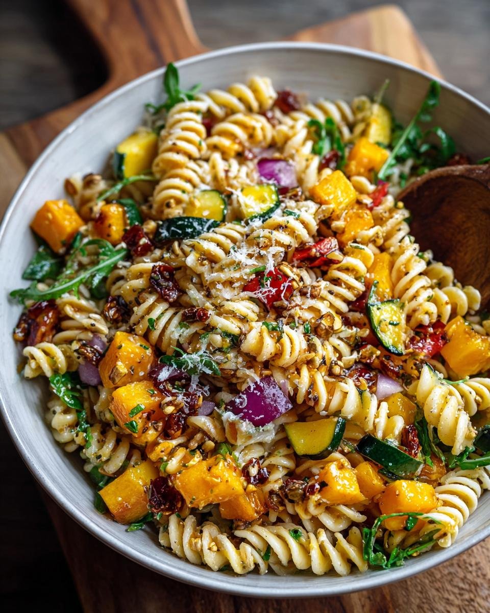 Gros plan d'une Salade de Pâtes d'Automne Facile avec courge, courgette, oignon rouge et roquette.