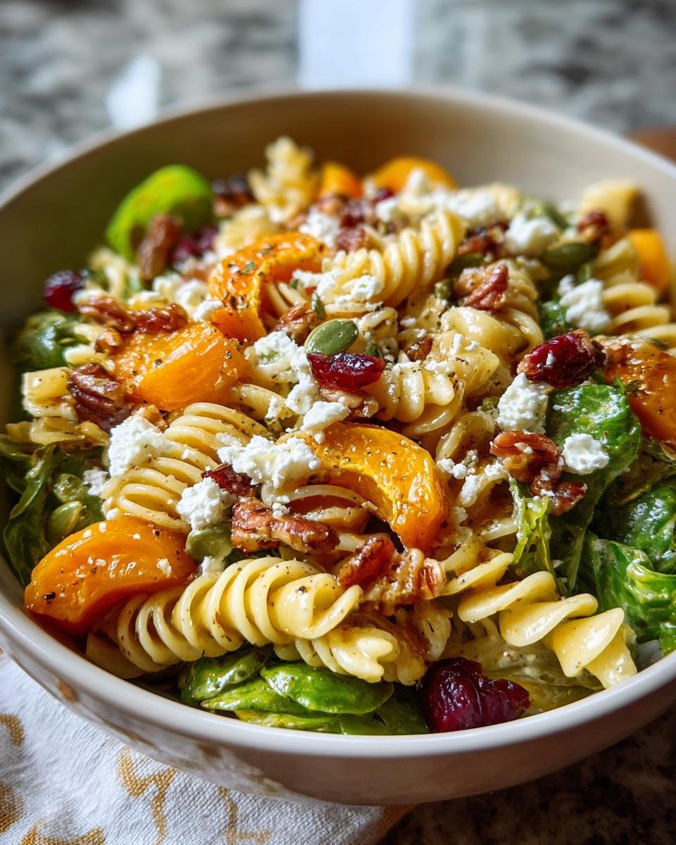 Salade de Pâtes d'Automne : 450 calories 3 Gros plan d'une salade de pâtes d'automne colorée avec des pâtes fusilli, des quartiers d'orange, des canneberges séchées, des noix de pécan et du fromage feta.