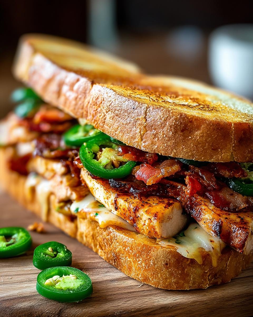 Gros plan d'un sandwich poulet bacon jalapeño avec du fromage fondu et des rondelles de piment.