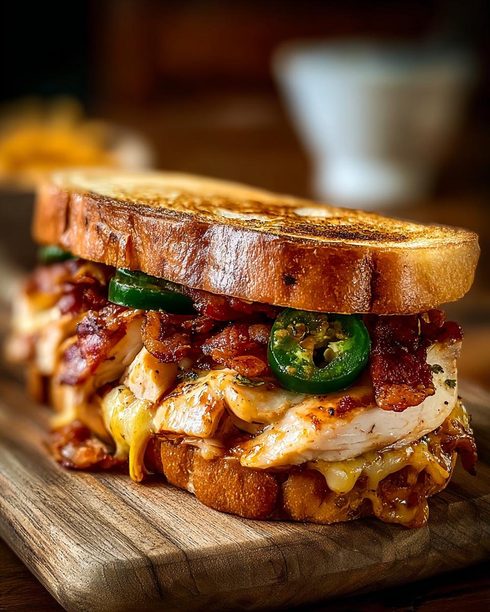 Gros plan d'un sandwich poulet bacon jalapeño garni de fromage fondant et de jalapeños frais.