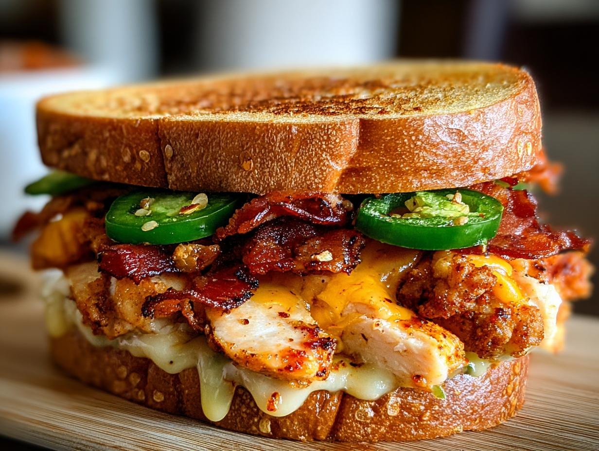 Gros plan d'un sandwich poulet bacon jalapeño dégoulinant de fromage fondu et garni de rondelles de jalapeño.