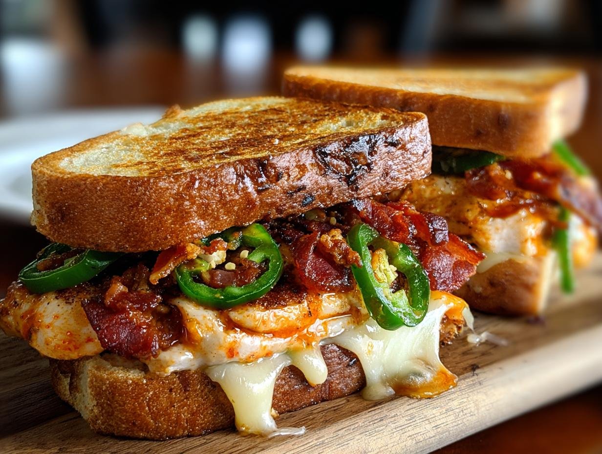 Gros plan d'un sandwich poulet bacon jalapeño avec fromage fondant et pain grillé.