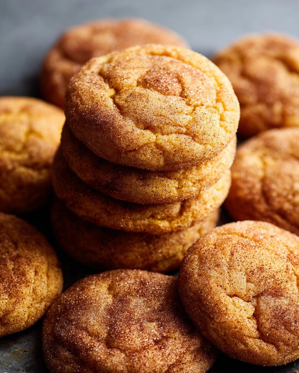 Gros plan sur une pile de biscuits Snickerdoodle Citrouille, saupoudrés de sucre à la cannelle.