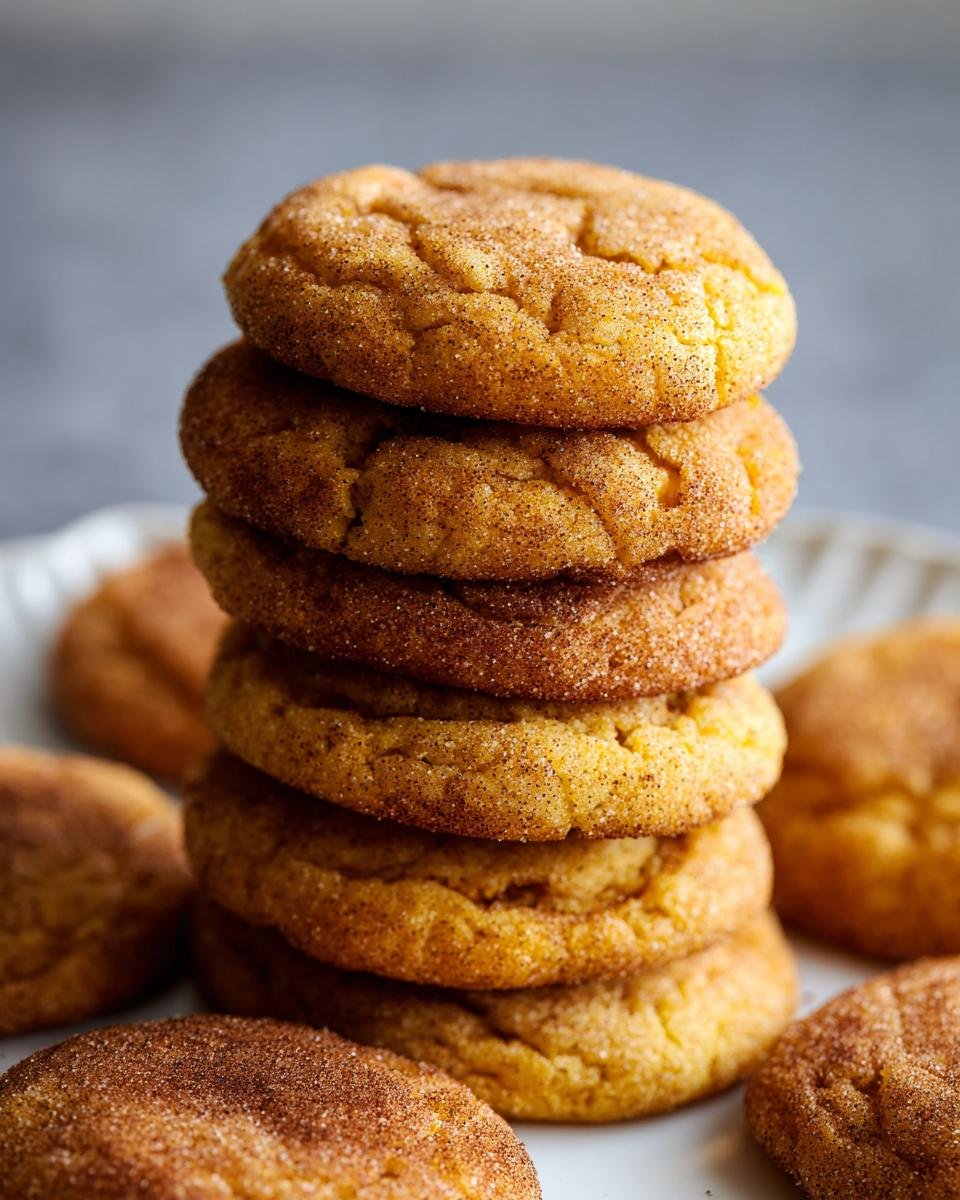 Gros plan d'une pile de biscuits Snickerdoodle Citrouille, saupoudrés de sucre à la cannelle.