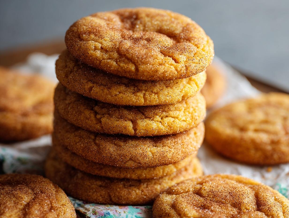 Gros plan d'une pile de biscuits Snickerdoodle Citrouille, saupoudrés de cannelle et de sucre.