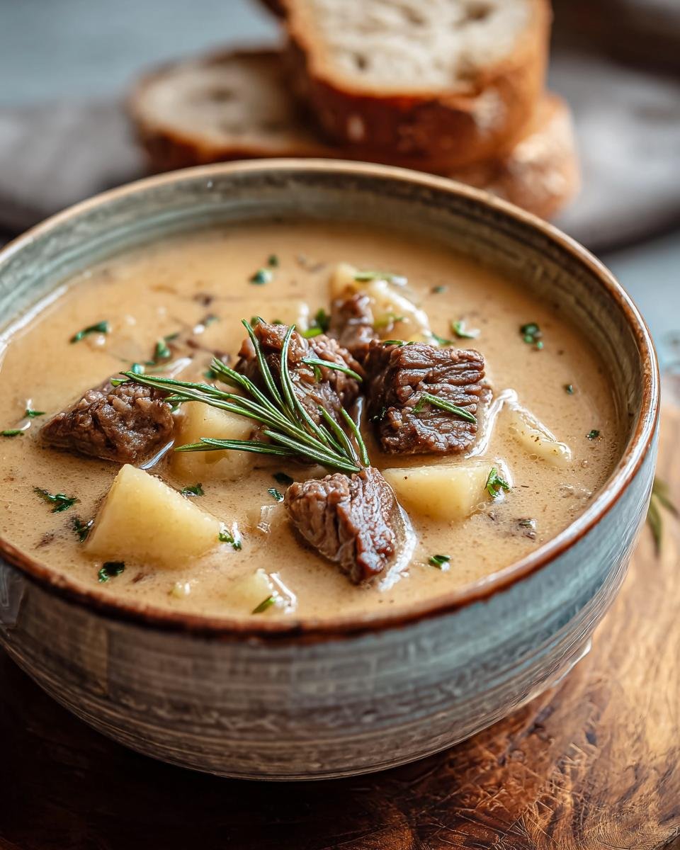 Gros plan d'une soupe crémeuse au bifteck avec des morceaux de bœuf tendres et des pommes de terre, garnie de romarin frais.