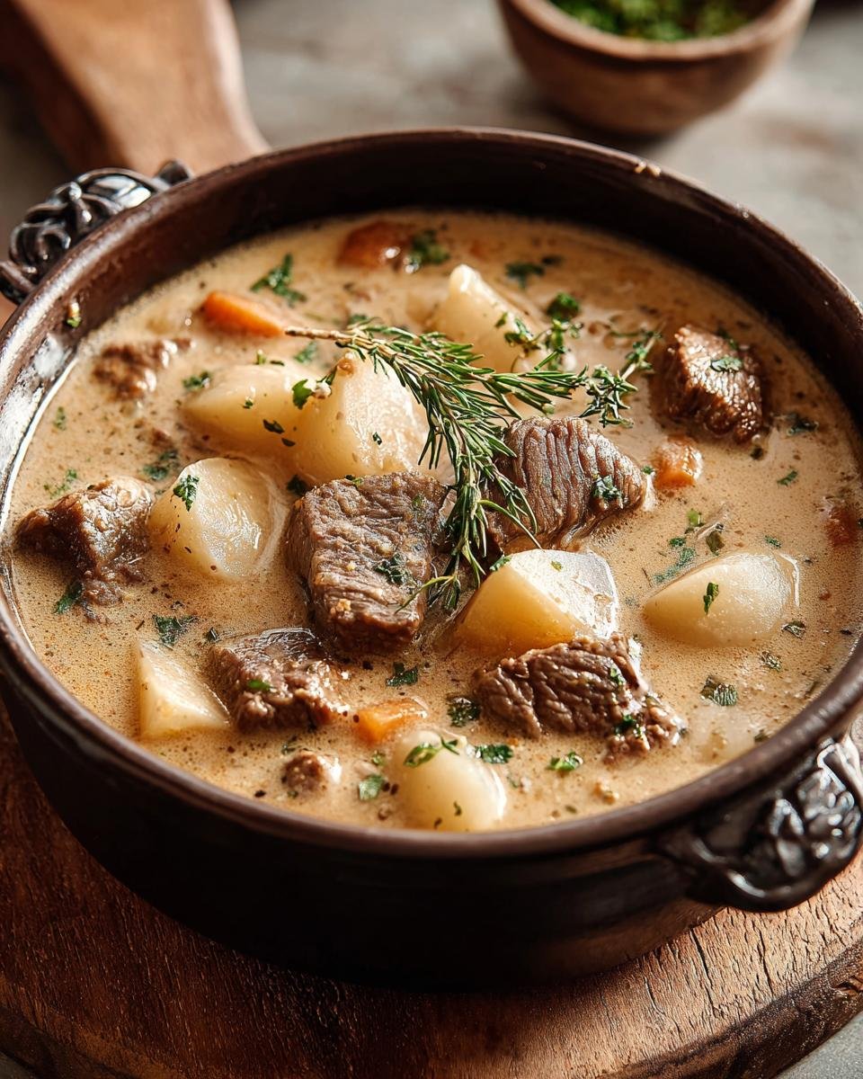 Gros plan d'une soupe crémeuse au bifteck avec des morceaux de viande, des pommes de terre et des carottes, garnie d'herbes fraîches.