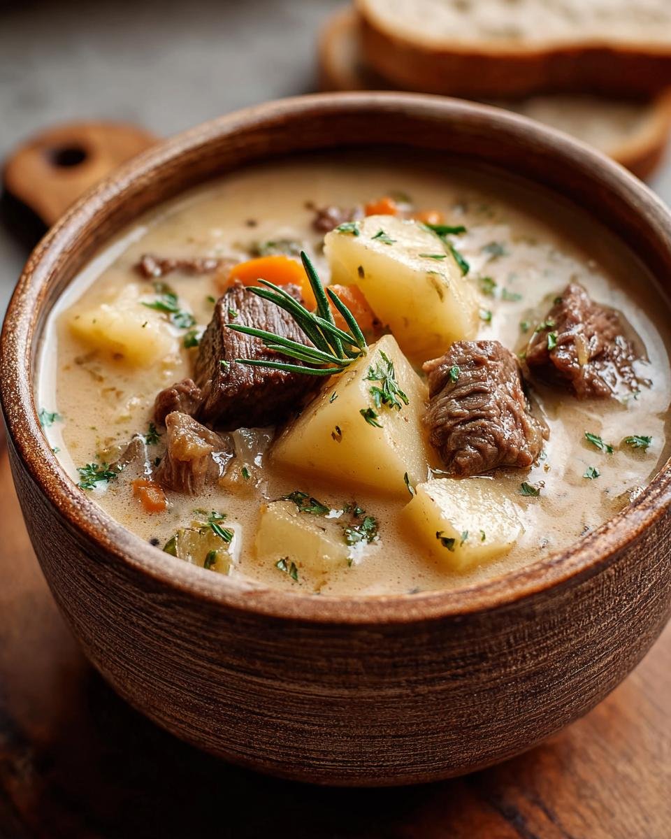 Gros plan d'une soupe crémeuse au bifteck avec des morceaux de bœuf, des pommes de terre et des carottes dans un bol en bois.