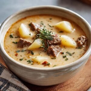 Gros plan d'une soupe crémeuse au bifteck avec des morceaux de bœuf tendre et des pommes de terre, garnie d'herbes fraîches.