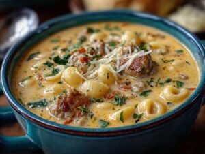 Gros plan d'une soupe crémeuse au parmesan et saucisse, garnie de persil frais et de fromage râpé.