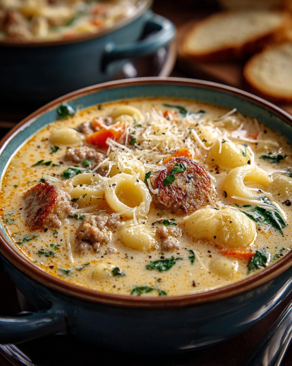 Gros plan d'une soupe crémeuse au parmesan et saucisse avec des pâtes, des morceaux de saucisse et des épinards.