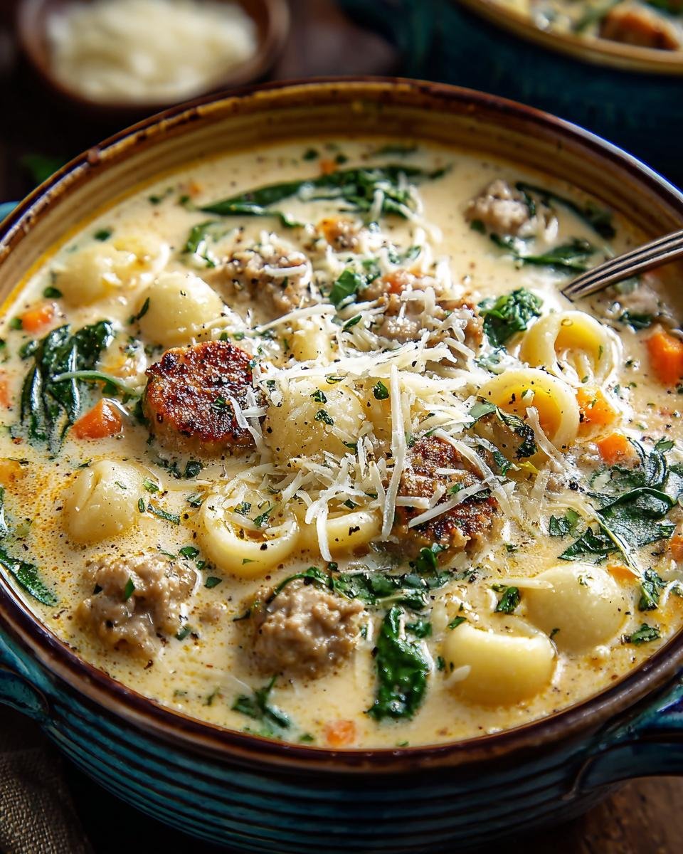 Gros plan d'une soupe crémeuse au parmesan et saucisse, garnie de parmesan râpé et de persil.