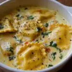 Gros plan d'une soupe crémeuse aux raviolis, garnie d'herbes fraîches et de poivre noir.