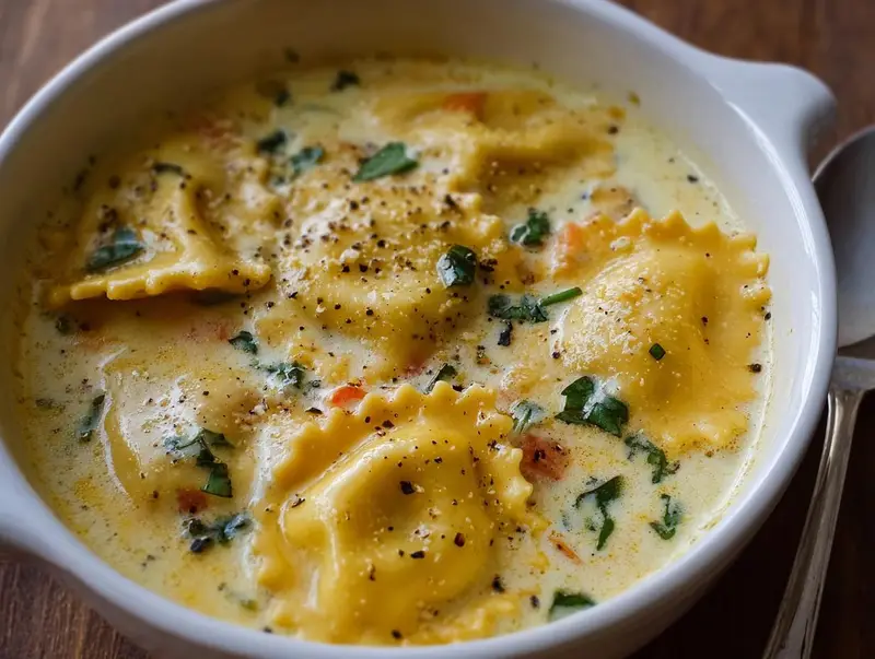 Gros plan d'une soupe crémeuse aux raviolis, garnie d'herbes fraîches et de poivre noir.