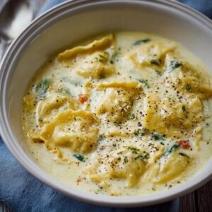 Gros plan d'une soupe crémeuse aux raviolis, garnie de persil et de poivre noir.