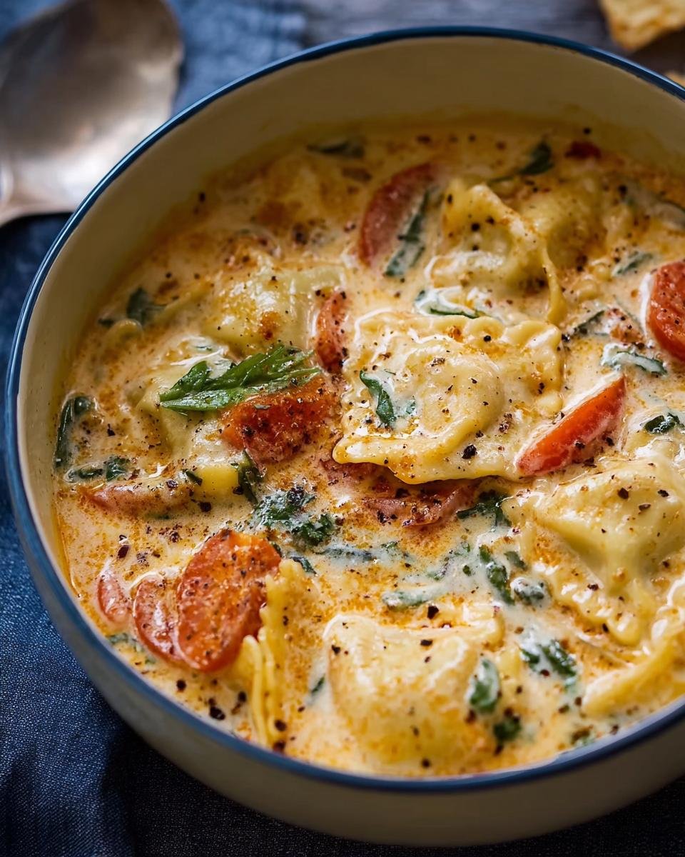 Gros plan d'une soupe crémeuse aux raviolis, garnie de tomates et d'épinards, poivrée.