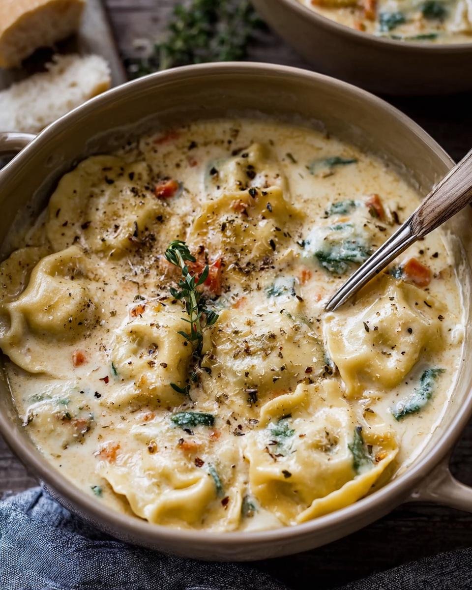 Gros plan d'une soupe crémeuse aux raviolis, garnie d'herbes et de poivre noir.