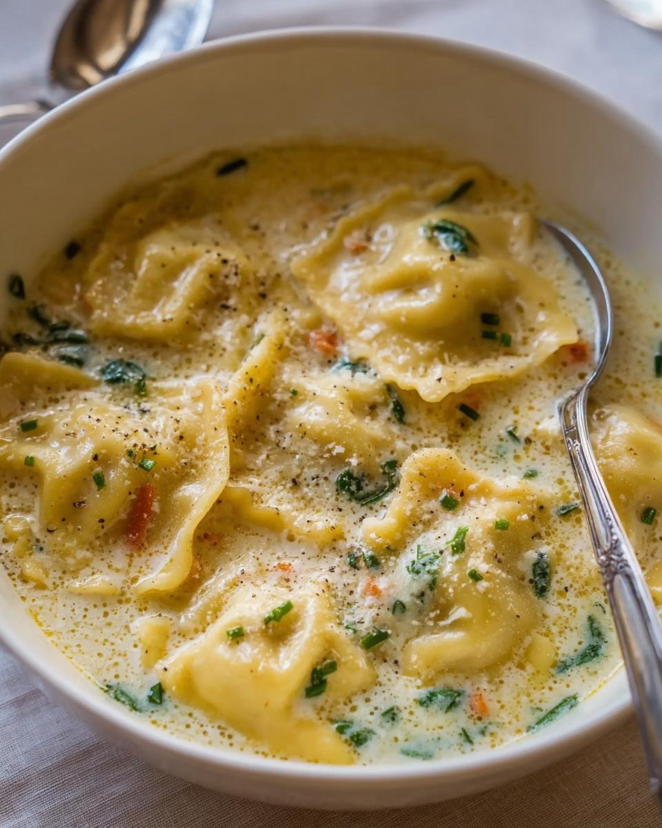 Gros plan sur une assiette de Soupe Crémeuse aux Raviolis, garnie d'herbes fraîches et de poivre noir.