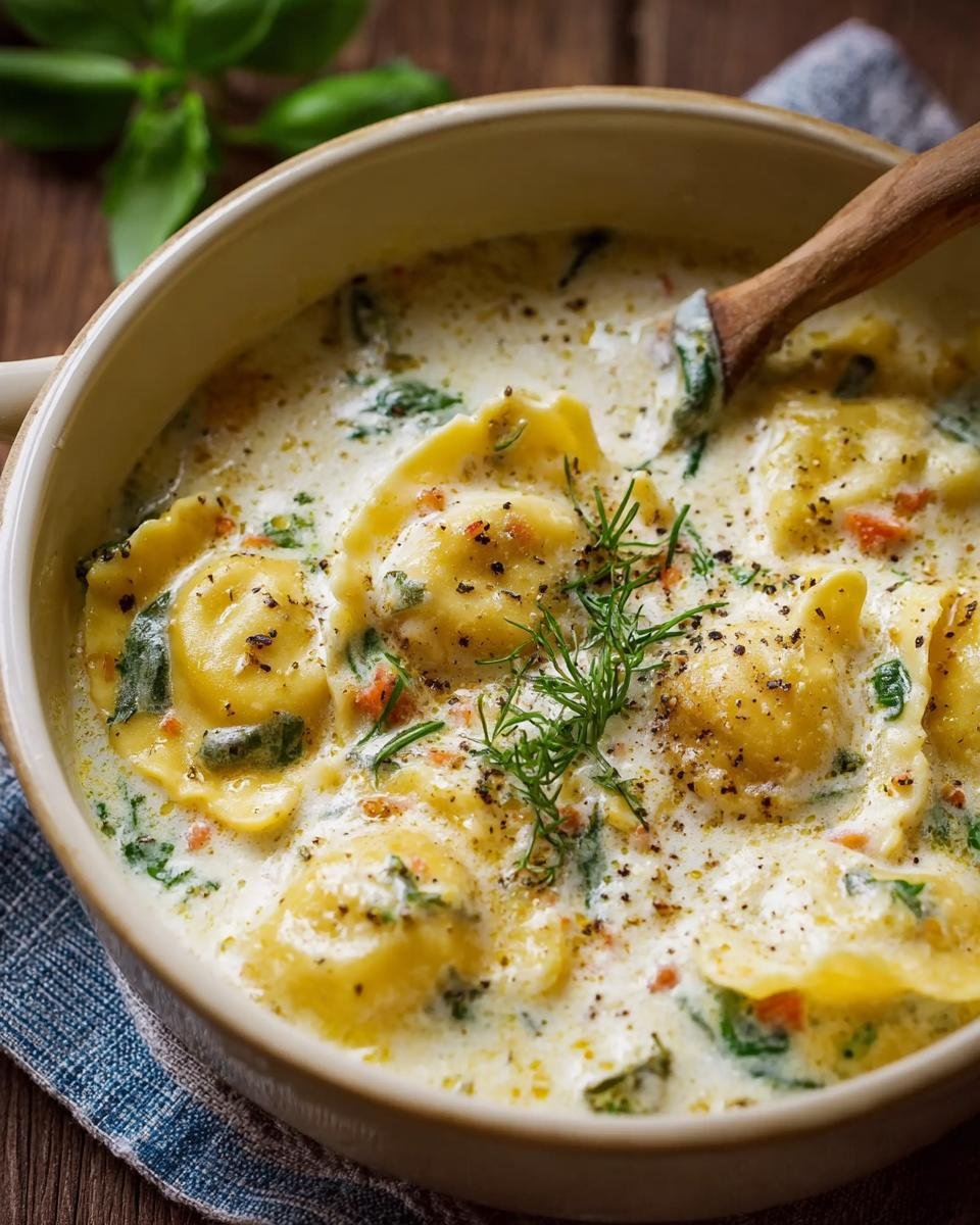 Gros plan d'une soupe crémeuse aux raviolis, garnie d'herbes fraîches et de poivre noir.
