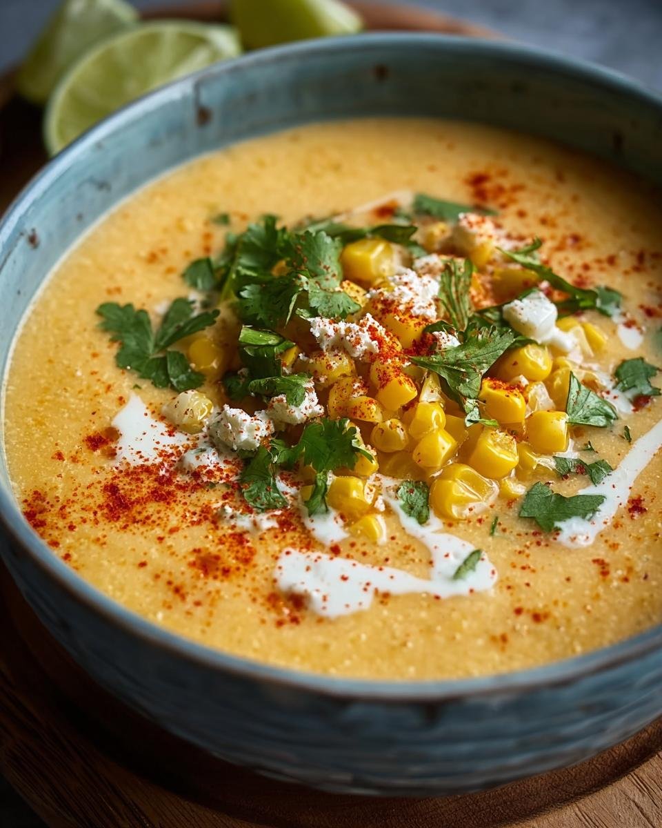 Gros plan d'une soupe de maïs mexicain crémeuse, garnie de maïs, coriandre, fromage et paprika.