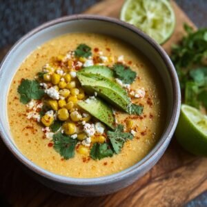 Gros plan d'une soupe de maïs mexicain crémeuse garnie de maïs, d'avocat, de fromage et de coriandre.
