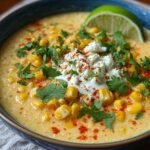 Gros plan d'une soupe de maïs mexicain crémeuse garnie de grains de maïs, de coriandre fraîche, de fromage blanc et d'un quartier de citron vert.