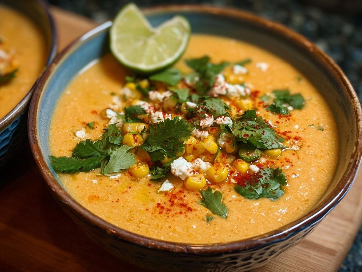 Gros plan d'une soupe de maïs mexicain crémeuse, garnie de maïs, de fromage, de coriandre et d'une tranche de citron vert.