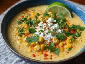 Soupe de Maïs Mexicain : 3 secrets savoureux Gros plan d'une soupe de maïs mexicain crémeuse garnie de grains de maïs, de coriandre fraîche, de fromage blanc et d'un quartier de citron vert.