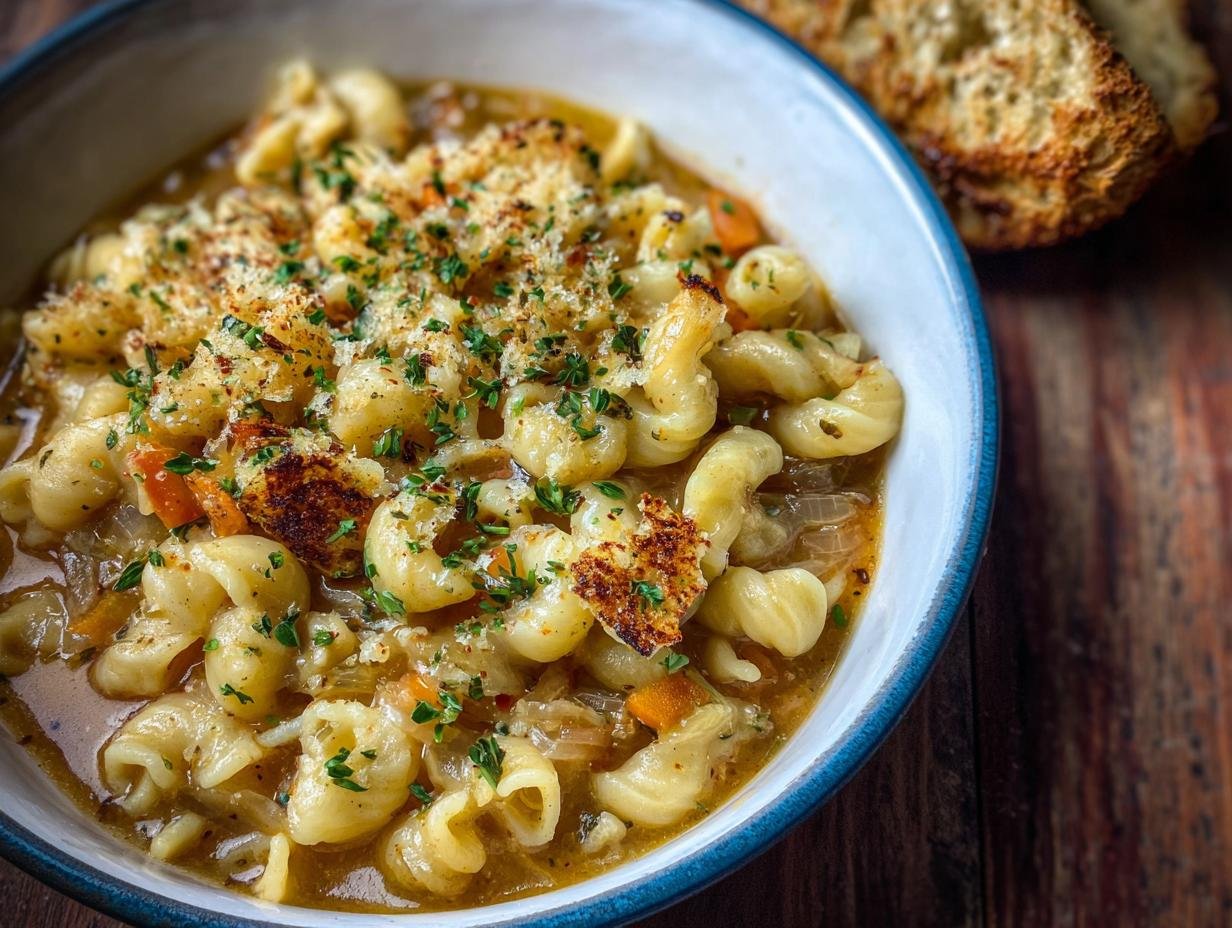 Soupe à l'Oignon Française Pâtes : 45 min 2 Gros plan d'une assiette de Soupe à l'Oignon Française Pâtes, garnie de chapelure et de persil.