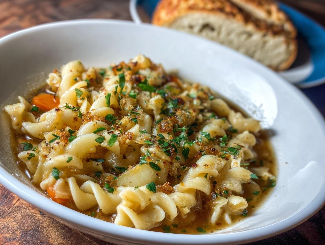 Gros plan d'une assiette de Soupe à l'Oignon Française Pâtes avec des carottes, du persil et des miettes grillées.