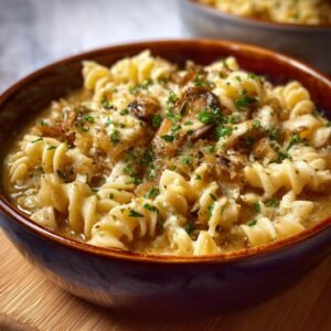Gros plan de pâtes fusilli dans un bouillon riche, garnies d'oignons caramélisés, de fromage fondu et de persil frais. Soupe à l'Oignon Française Pâtes.