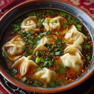 Gros plan d'une soupe aux raviolis chinois fumante, garnie d'oignons verts et de flocons de piment.