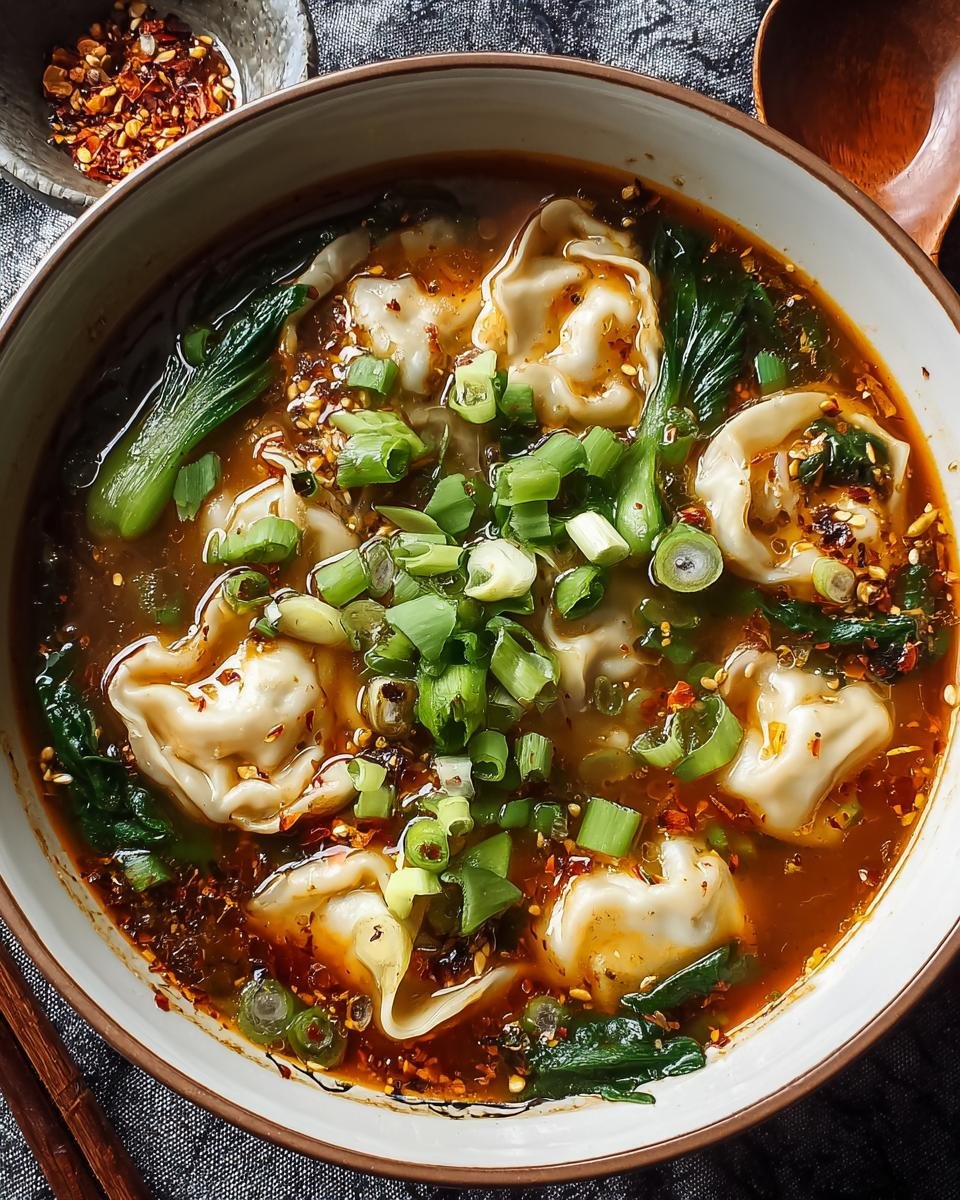 Gros plan d'une soupe aux raviolis chinois fumante, garnie d'oignons verts et de flocons de piment.