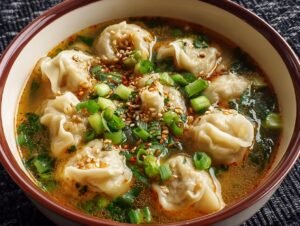 Gros plan sur un bol de soupe aux raviolis chinois, garnie d'oignons verts et de graines de sésame.