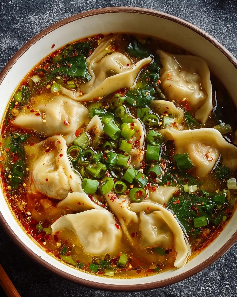 Gros plan d'une soupe aux raviolis chinois fumante, garnie d'oignons verts et de flocons de piment.