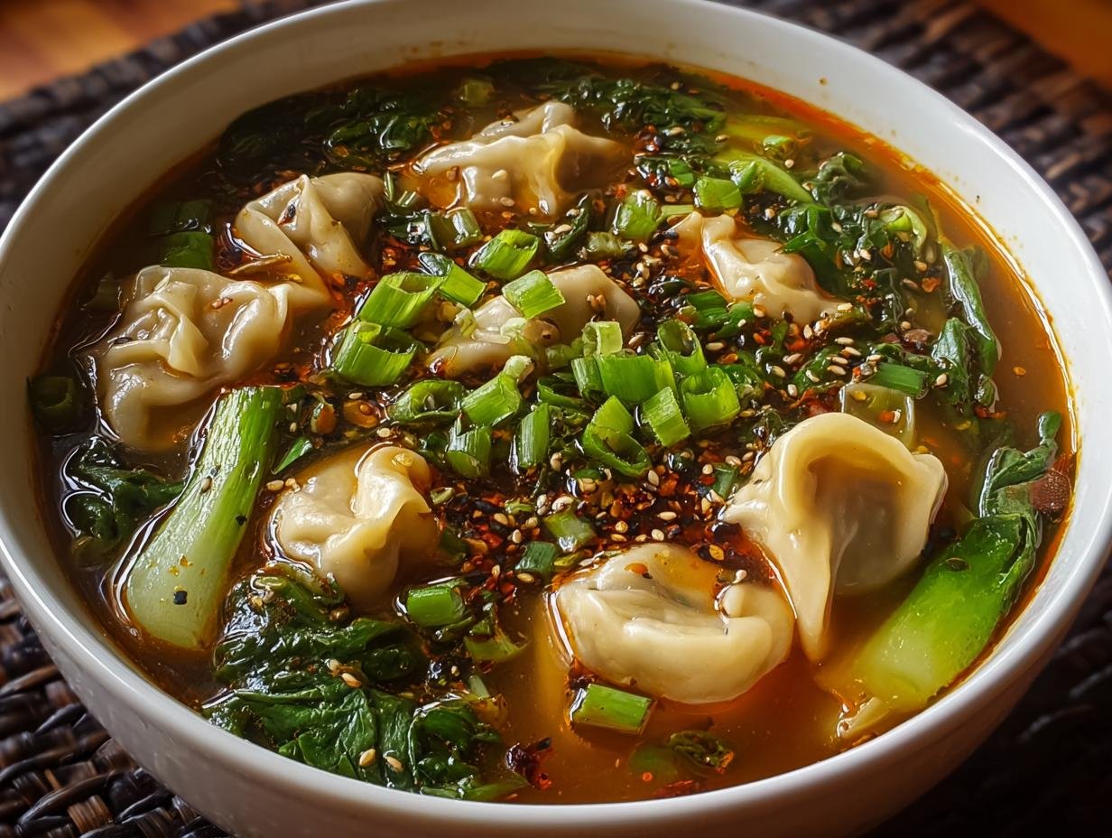 Gros plan d'une soupe aux raviolis chinois fumante, garnie de ciboule et de graines de sésame.