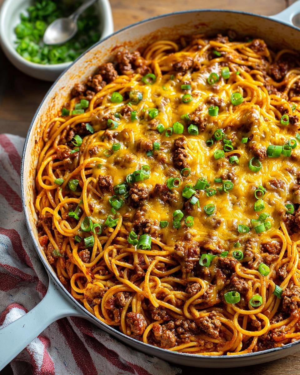 Gros plan d'un Spaghetti Cowboy en Casserole, garni de fromage fondu et d'oignons verts.