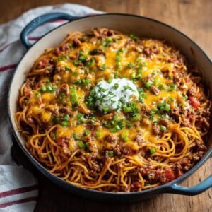 Gros plan d'un Spaghetti Cowboy en Casserole, garni de fromage fondu, de crème aigre et de ciboule.