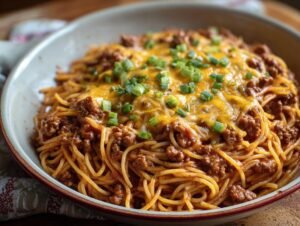 Gros plan d'un Spaghetti Cowboy en Casserole garni de fromage fondu et d'oignons verts.
