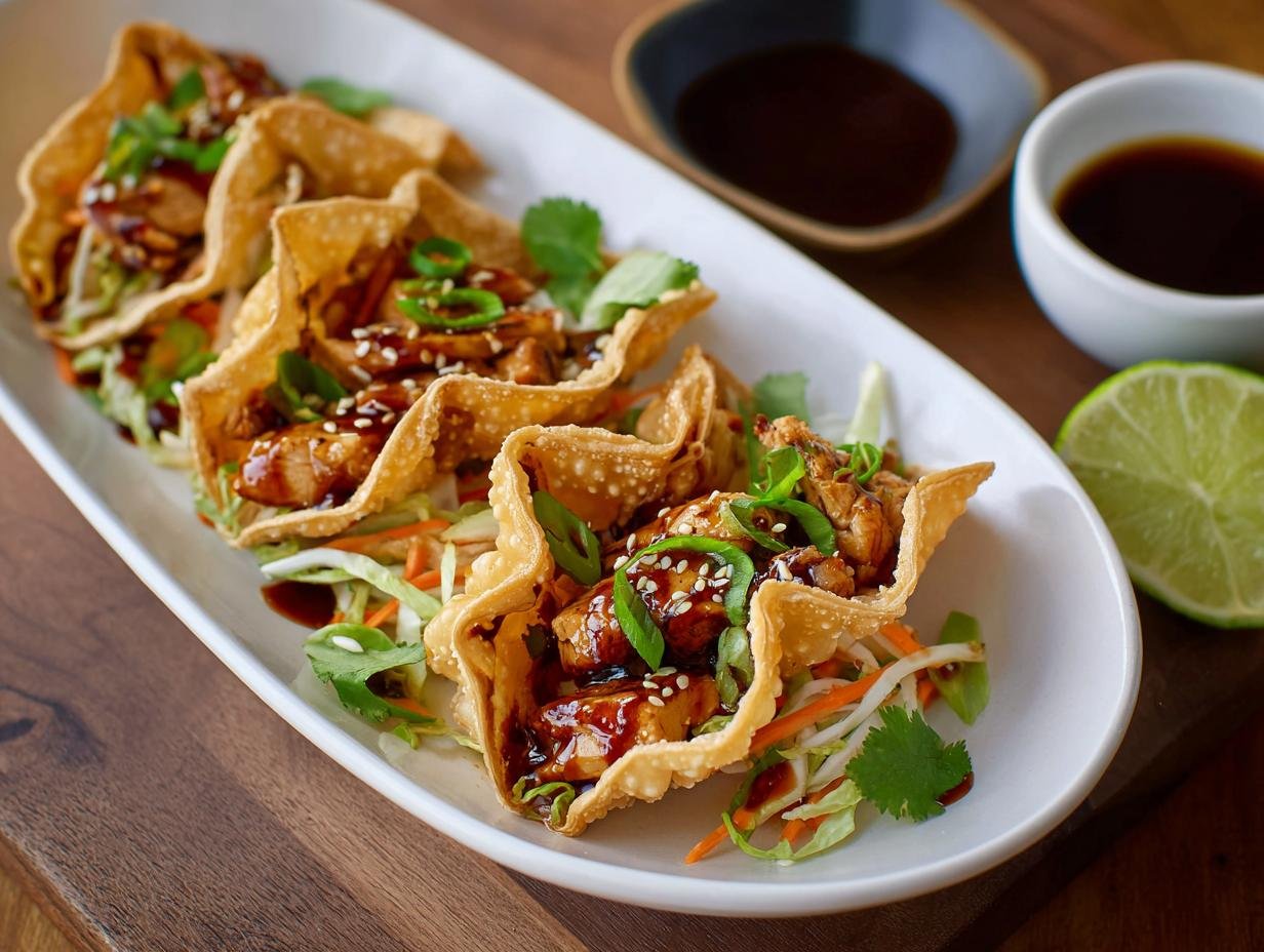 Taco au poulet teriyaki servi dans une coquille croustillante avec garniture de légumes et de sésame.