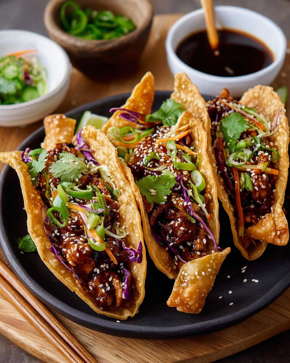 Gros plan sur trois tacos au poulet teriyaki garnis de chou rouge, de coriandre et de graines de sésame.