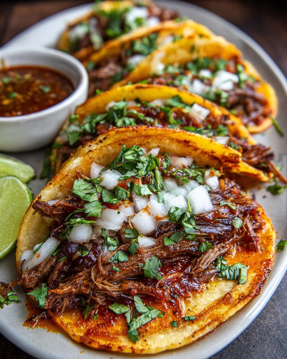 Gros plan de tacos birria à la mijoteuse garnis d'oignons et de coriandre, avec un bol de bouillon et des quartiers de lime.