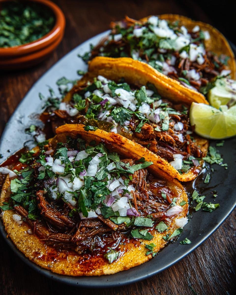Gros plan de tacos birria à la mijoteuse garnis de coriandre fraîche et d'oignons, avec un quartier de citron vert.