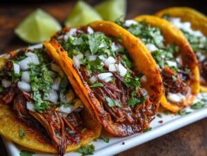 Gros plan sur des tacos birria à la mijoteuse garnis de coriandre et d'oignons, avec des quartiers de citron vert en arrière-plan.