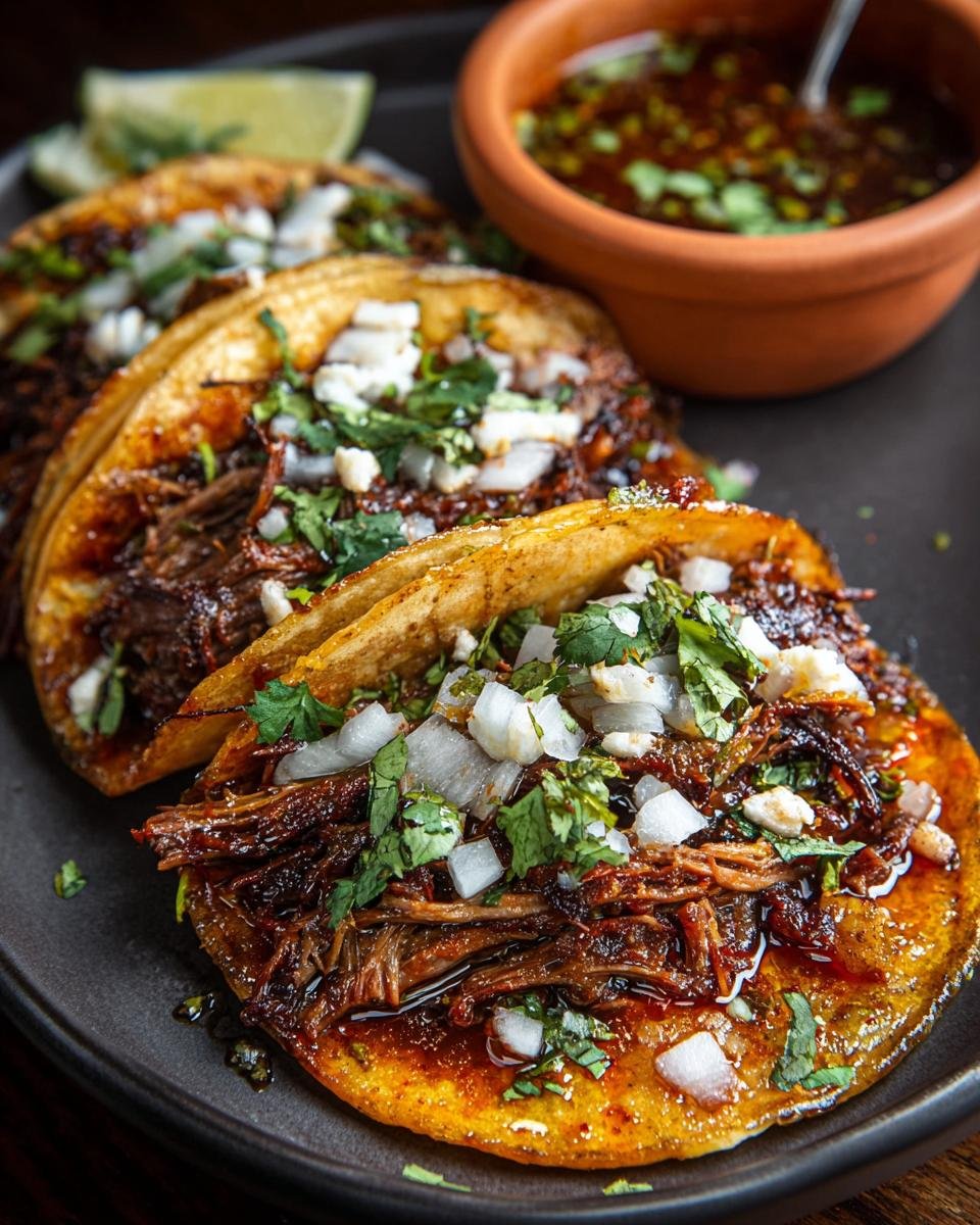 Gros plan de tacos Birria à la mijoteuse garnis d'oignons, de coriandre et de fromage, avec un bol de consommé à côté.