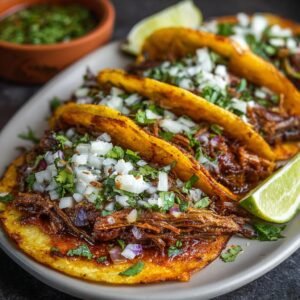 Gros plan sur des Tacos Birria à la Mijoteuse, garniture généreuse de viande effilochée, oignons et coriandre.