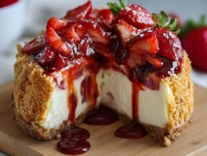 Gros plan d'un Tacos Cheesecake aux Fraises coupé, révélant sa garniture crémeuse et ses morceaux de fraises.