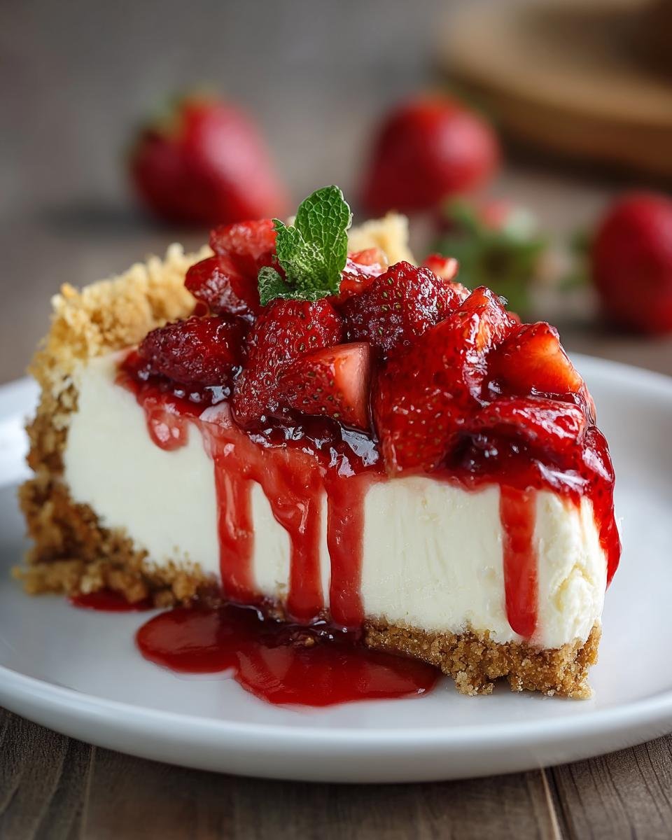 Tacos Cheesecake Fraises: 1 recette facile et divine 2 Gros plan d'une part de Tacos Cheesecake aux Fraises Facile, garnie de fraises fraîches et de coulis.