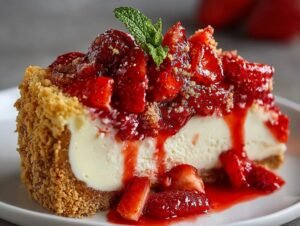 Gros plan sur une tranche de Tacos Cheesecake aux Fraises Facile, garnie de fraises fraîches et de coulis.
