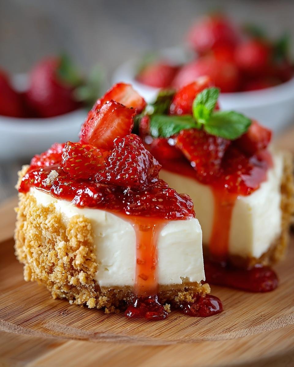 Tacos Cheesecake Fraises: 1 recette facile et divine 1 Deux parts de tacos cheesecake aux fraises sur une assiette en bois, garnies de fraises fraîches et de coulis.